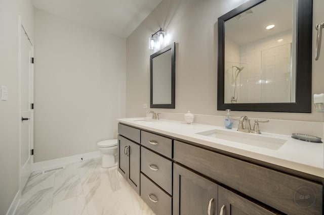 570 Sudbury Cir, Oswego, IL 60543 - bathroom with double vanity, marble look tile flooring, toilet, baseboards, and tiled shower