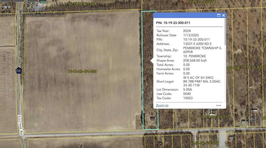 13031 E 6000s Rd, Pembroke Twp, IL 60958 - aerial view of property's location with property parcel outlined