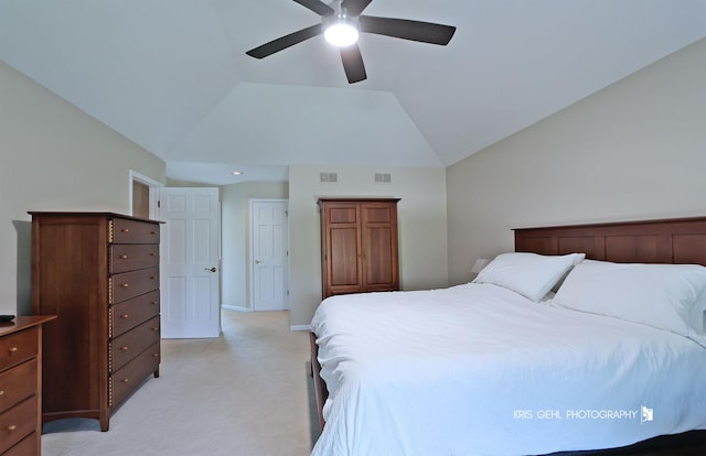 36708 Old Woods Trl, Gurnee, IL 60031 - bedroom featuring light carpet, lofted ceiling, and ceiling fan