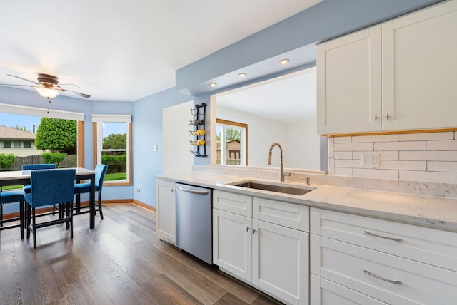 15540 Frances Ln, Orland Park, IL 60462 - kitchen with a sink, dishwasher, tasteful backsplash, dark wood finished floors, and light stone countertops
