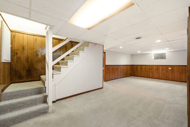 15540 Frances Ln, Orland Park, IL 60462 - finished basement featuring carpet flooring, wooden walls, stairway, a drop ceiling, and wainscoting