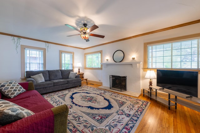 1521 W University Ave, Champaign, IL 61821 - living room with healthy amount of natural light, a ceiling fan, a brick fireplace, wood-type flooring, and ornamental molding