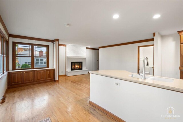 919 Santa Rosa Ave, Wheaton, IL 60187 - kitchen with a sink, a brick fireplace, light wood-style flooring, light countertops, and recessed lighting