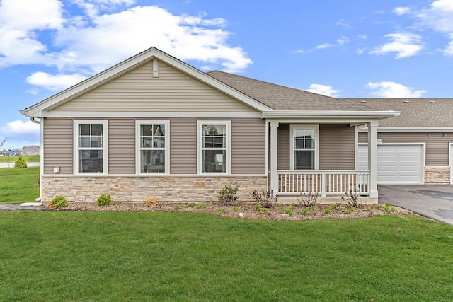 1187 Sonoma Ct, Pingree Grove, IL 60140 - view of front of property with a porch, stone siding, asphalt driveway, a front yard, and roof with shingles