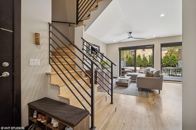 2130 W N Ave Unit 208, Chicago, IL 60647 - stairs with wood finished floors, ceiling fan, and recessed lighting