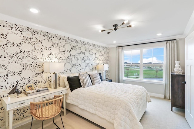 617 Henry Ln, Oswego, IL 60543 - bedroom featuring baseboards, light carpet, recessed lighting, and wallpapered walls