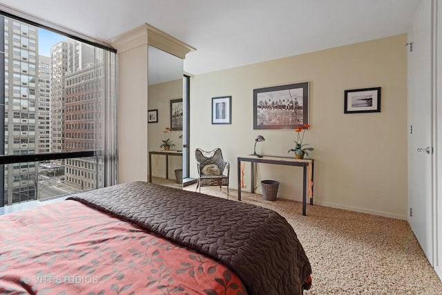 bedroom featuring carpet flooring, a city view, and baseboards