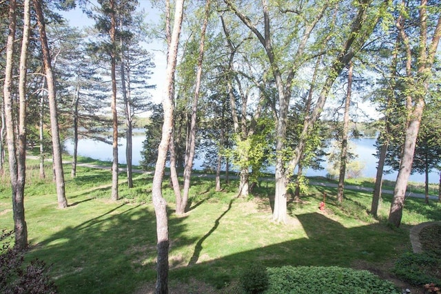 view of green lawn featuring a water view