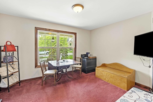 living area with carpet floors, baseboards, and a desk