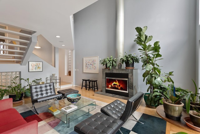 1805 N Paulina St, Chicago, IL 60622 - living room featuring a fireplace, wood finished floors, recessed lighting, and stairway