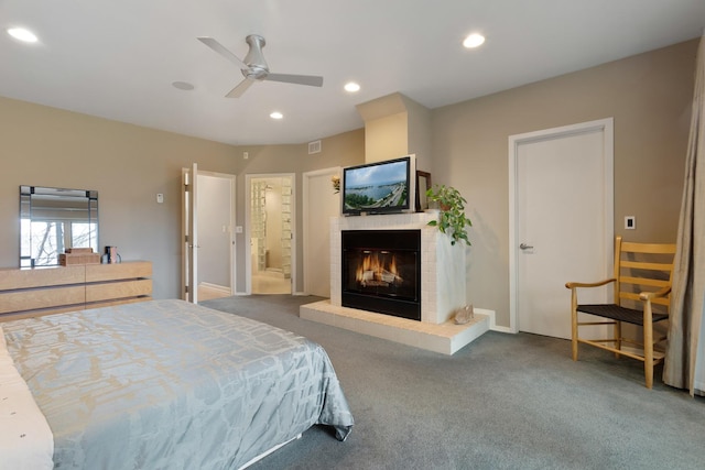 1805 N Paulina St, Chicago, IL 60622 - bedroom with carpet floors, a fireplace, recessed lighting, baseboards, and a ceiling fan