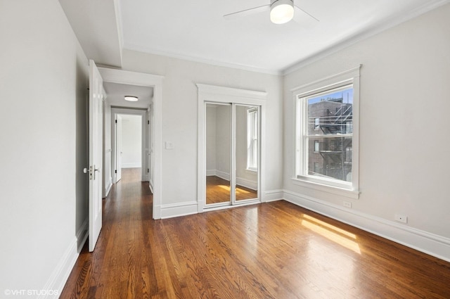 731 W Buckingham Pl Unit 12, Chicago, IL 60657 - unfurnished bedroom featuring wood finished floors, baseboards, a closet, ceiling fan, and crown molding
