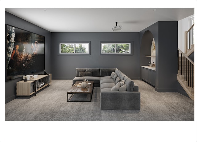 2659 W Medill Ave, Chicago, IL 60647 - carpeted living area featuring stairs, healthy amount of natural light, baseboards, and recessed lighting