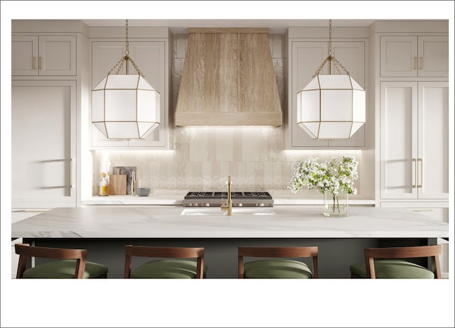 2659 W Medill Ave, Chicago, IL 60647 - kitchen with premium range hood, a kitchen breakfast bar, decorative backsplash, and pendant lighting