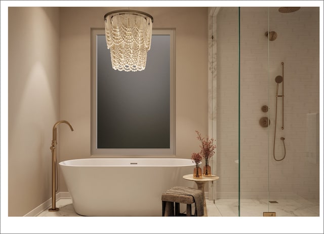 2659 W Medill Ave, Chicago, IL 60647 - bathroom with marble look tiles, a stall shower, a soaking tub, baseboards, and a chandelier