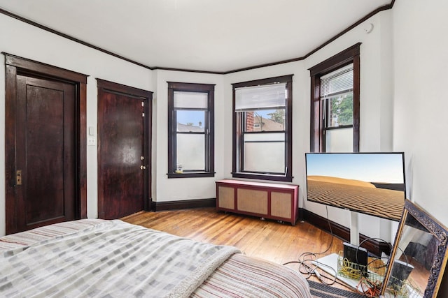 8548 S Manistee Ave, Chicago, IL 60617 - unfurnished bedroom with radiator, light wood finished floors, baseboards, and crown molding