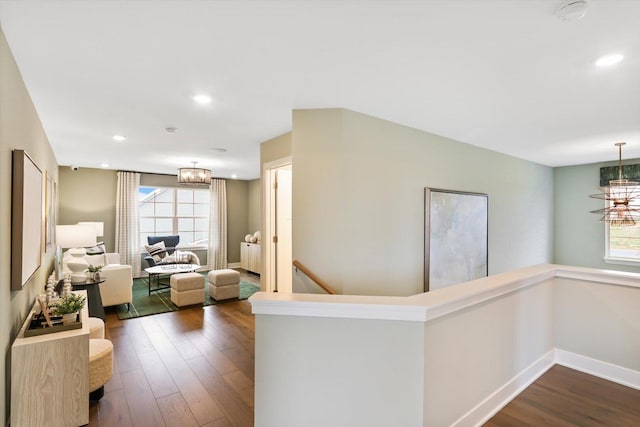 12959 S Boulder Ln, Plainfield, IL 60585 - corridor with dark wood-style flooring, a chandelier, an upstairs landing, baseboards, and recessed lighting