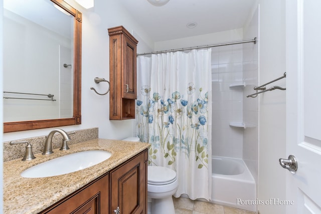 full bathroom with toilet, vanity, shower / tub combo, and tile patterned floors