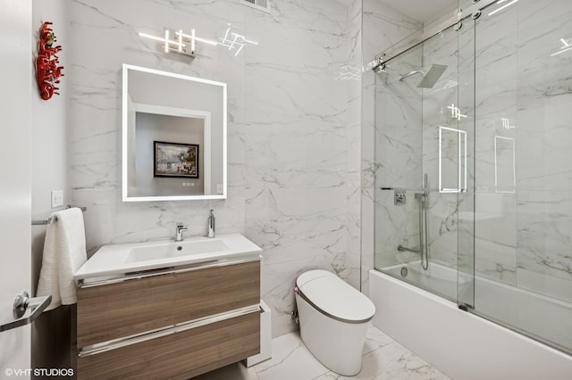 1160 S Michigan Ave Unit 3805, Chicago, IL 60605 - bathroom with toilet, marble look tiles, vanity, enclosed tub / shower combo, and tile walls