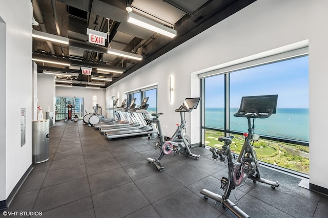 1160 S Michigan Ave Unit 3805, Chicago, IL 60605 - workout area with a water view, a high ceiling, and baseboards