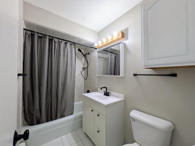 bathroom with toilet, vanity, shower / bath combination with curtain, and tile patterned flooring