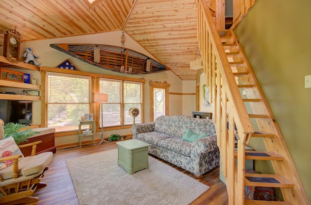 living room featuring wooden ceiling, stairway, vaulted ceiling, and wood-type flooring