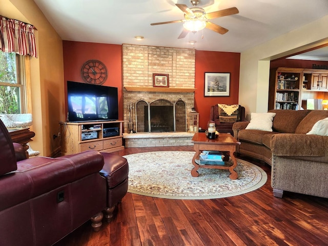 19629 Fiona Ave, Mokena, IL 60448 - living room with a ceiling fan, wood finished floors, and a brick fireplace