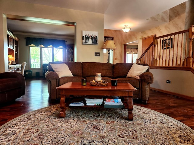 19629 Fiona Ave, Mokena, IL 60448 - living area with wood-type flooring, baseboards, crown molding, and stairs