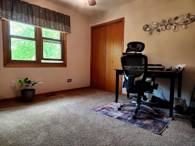 19629 Fiona Ave, Mokena, IL 60448 - home office featuring carpet flooring, baseboards, and ceiling fan