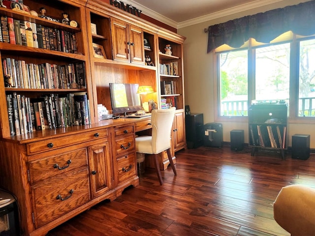 19629 Fiona Ave, Mokena, IL 60448 - home office with ornamental molding, dark wood-style flooring, plenty of natural light, and built in desk