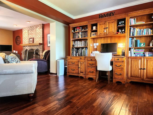 19629 Fiona Ave, Mokena, IL 60448 - office area with dark wood-type flooring, ornamental molding, built in study area, and a fireplace