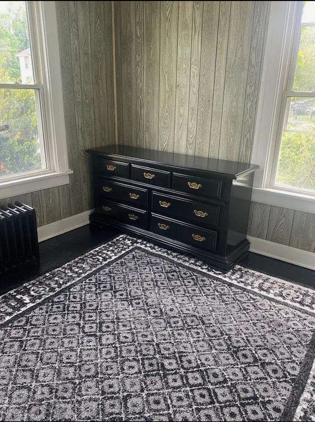 720 S Carroll Ave, Freeport, IL 61032 - bedroom with baseboards, radiator heating unit, and wood walls