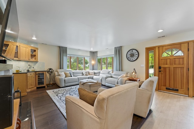 428 S Hillside Ave, Elmhurst, IL 60126 - living room with wine cooler, dark wood-type flooring, and recessed lighting