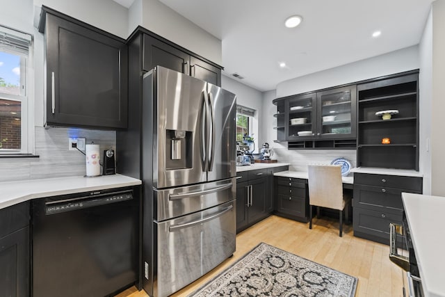428 S Hillside Ave, Elmhurst, IL 60126 - kitchen featuring stainless steel refrigerator with ice dispenser, dishwasher, decorative backsplash, light wood-style floors, and open shelves