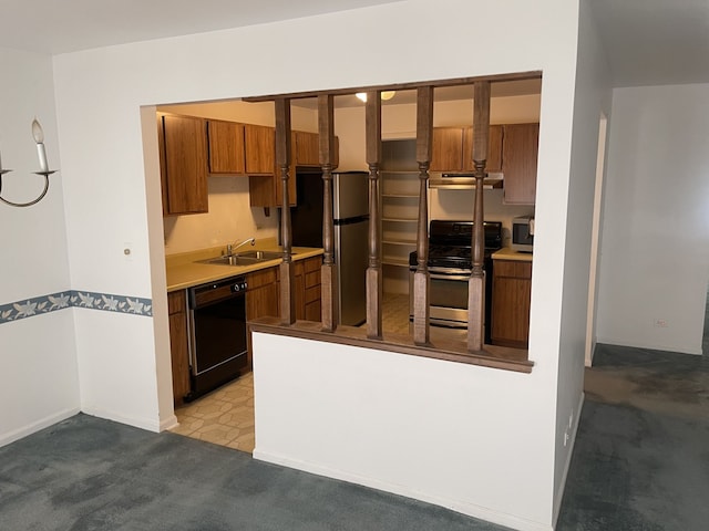 kitchen featuring stainless steel appliances, brown cabinetry, light carpet, under cabinet range hood, and a sink