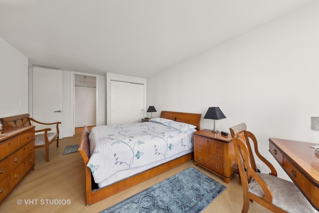 bedroom featuring light wood-type flooring and two closets