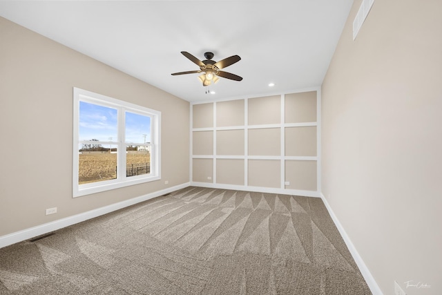 unfurnished room with carpet flooring, baseboards, a ceiling fan, and recessed lighting