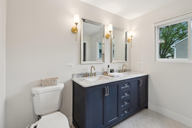 0N467 Cloos Ct, Winfield, IL 60190 - bathroom with toilet, double vanity, baseboards, and marble finish floors