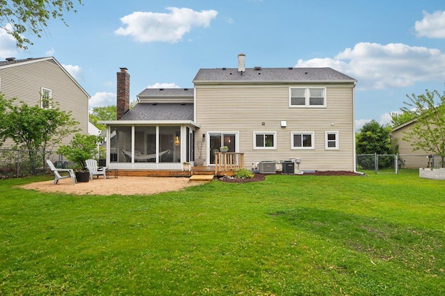 0N467 Cloos Ct, Winfield, IL 60190 - back of house featuring a sunroom, cooling unit, a chimney, and a patio area
