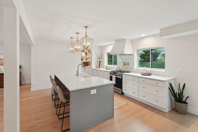 0N467 Cloos Ct, Winfield, IL 60190 - kitchen with stainless steel gas range oven, premium range hood, a sink, a breakfast bar area, and white cabinets