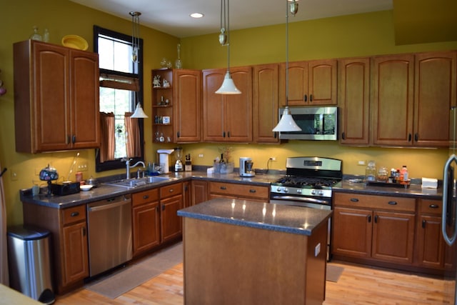 133 S Grove Ave, Elgin, IL 60120 - kitchen with stainless steel appliances, a sink, a center island, light wood finished floors, and hanging light fixtures