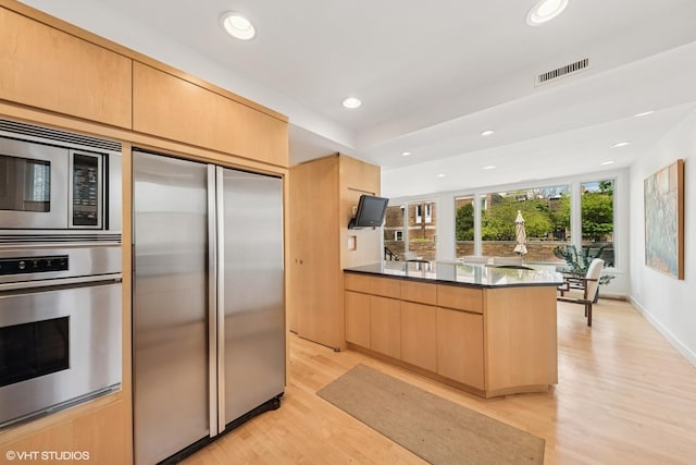 58 W Schiller St, Chicago, IL 60610 - kitchen with built in appliances, a peninsula, light wood finished floors, recessed lighting, and dark countertops