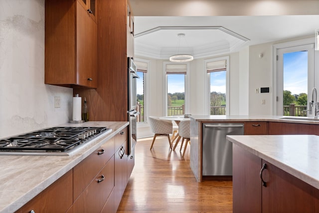 6590 Beech Ln, Libertyville, IL 60048 - kitchen with appliances with stainless steel finishes, a sink, a tray ceiling, light wood finished floors, and light countertops