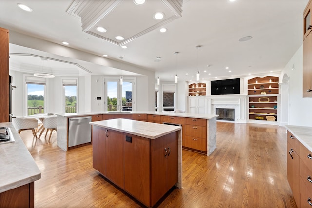 6590 Beech Ln, Libertyville, IL 60048 - kitchen featuring a large island, dishwasher, recessed lighting, a sink, and brown cabinetry