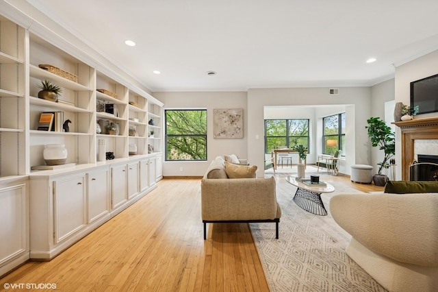 5055 N Sheridan Rd Unit 3N, Chicago, IL 60640 - living area with plenty of natural light, light wood-type flooring, a fireplace, ornamental molding, and recessed lighting
