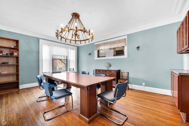 1347 E Hyde Park Blvd, Chicago, IL 60615 - dining area with a chandelier, light wood-style flooring, baseboards, a desk, and ornamental molding