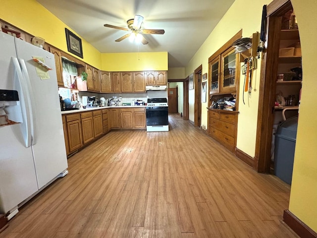 2439 S 57th Ave, Cicero, IL 60804 - kitchen featuring white appliances, under cabinet range hood, light wood finished floors, a ceiling fan, and light countertops