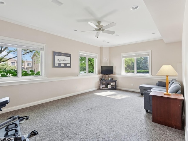 301 Brownstone Dr, Saint Charles, IL 60174 - office area featuring baseboards, ornamental molding, carpet floors, and a ceiling fan