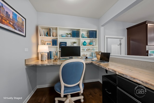 729 Hamilton Dr, South Elgin, IL 60177 - office area with built in desk, baseboards, and dark wood finished floors