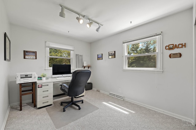 office space with rail lighting, light carpet, and baseboards